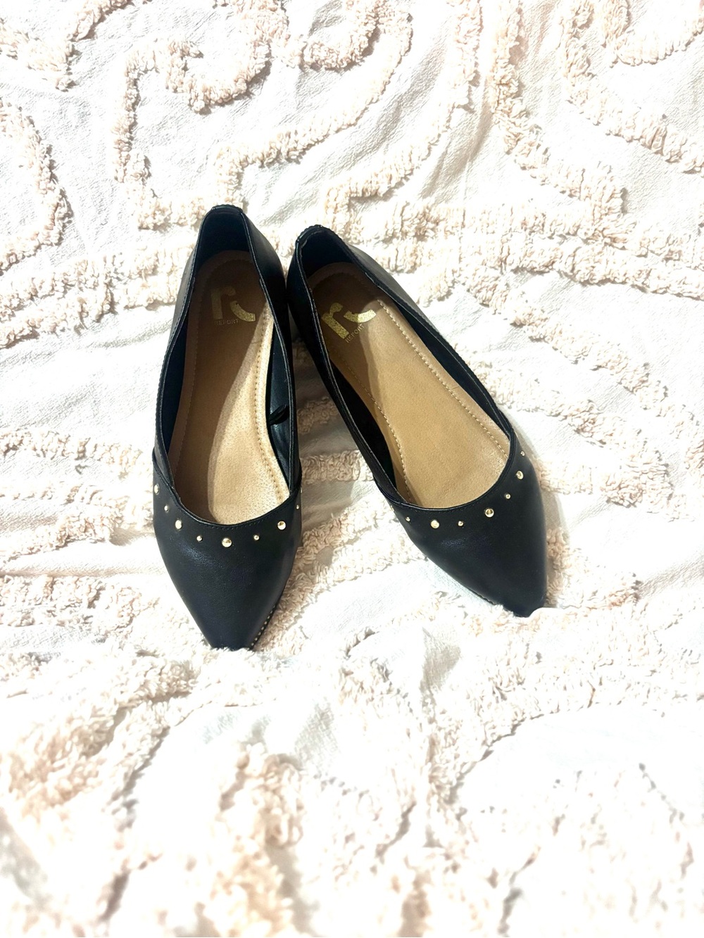 Report Black Pointed-Toe Flats with Gold Stud Accents